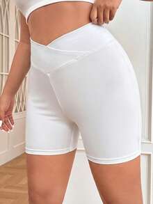 SHEIN EZwear Quần short nữ cỡ lớn màu trắng, kiểu dáng bất đối xứng, cạp chữ V, phong cách thường ngày. - trắng - Xem 3