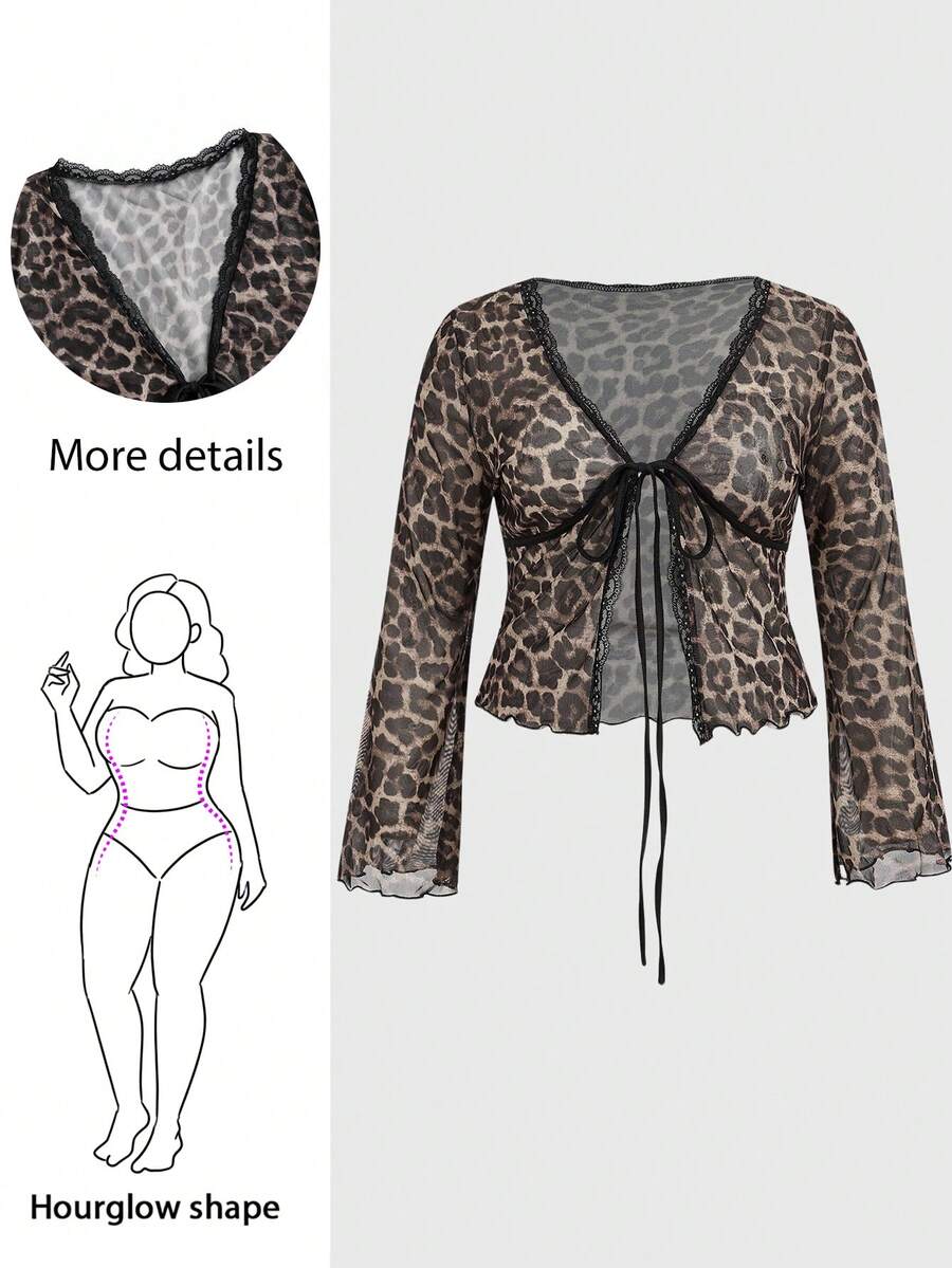 Hourglow 大码女式豹纹网眼系带V领常规版型喇叭袖衬衫 - 彩色 - 查看 1