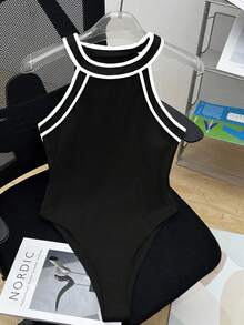 SHEIN LUNE Áo liền thân cổ yếm bằng cotton phối màu tương phản, áo liền thân thể thao thường ngày dành cho nữ, áo liền thân màu đen. - Nhiều màu - Xem 4