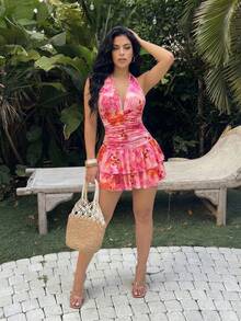 SHEIN SXY 印花露背连衣裙，适合夏季海滩度假 - 彩色 - 查看 5
