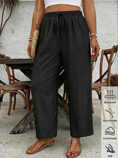 SHEIN VCAY Plus-Size Women's Loose-Fitting Casual Pants In A Wave-Patterned Textured Fabric, With A Drawstring Waistband And Ruffled Hem.
