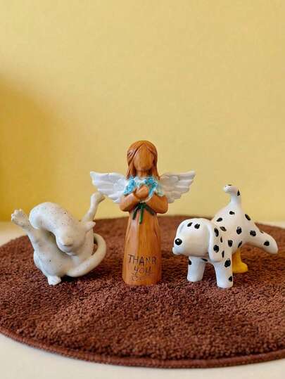 Joivida 迷你树脂天使和动物雕像，配花束，花园装饰工艺品，微景观盆景装饰，适用于庭院、阳台、露台、家居桌面