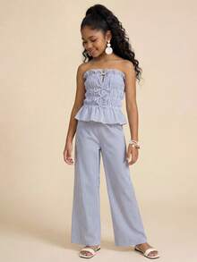 Travachic KIDS Tween Girl Vacation Casual Blue & White Striped Tube Top And Elastic Waist Pants Set,Kids - Multicolor - View 6
