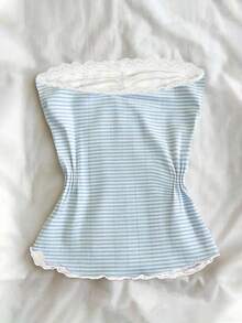 Glimmora Áo quây VCAY kẻ sọc xanh trắng viền ren, kiểu dáng quây ngực, có chi tiết nơ nhún, thích hợp cho kỳ nghỉ hè. - Nhiều màu - Xem 2