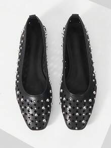 Mnmlis Women's Hollow Rivet Mary Jane Ballet Shoes, Suitable For Y2K, Punk, Fashion Girls, Halloween, Christmas And Party Outfits - Black - View 2