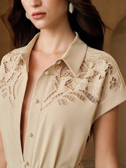 Anewsta 春夏新款法式复古卡其色衬衫，翻领短袖刺绣镂空单排扣女式衬衫