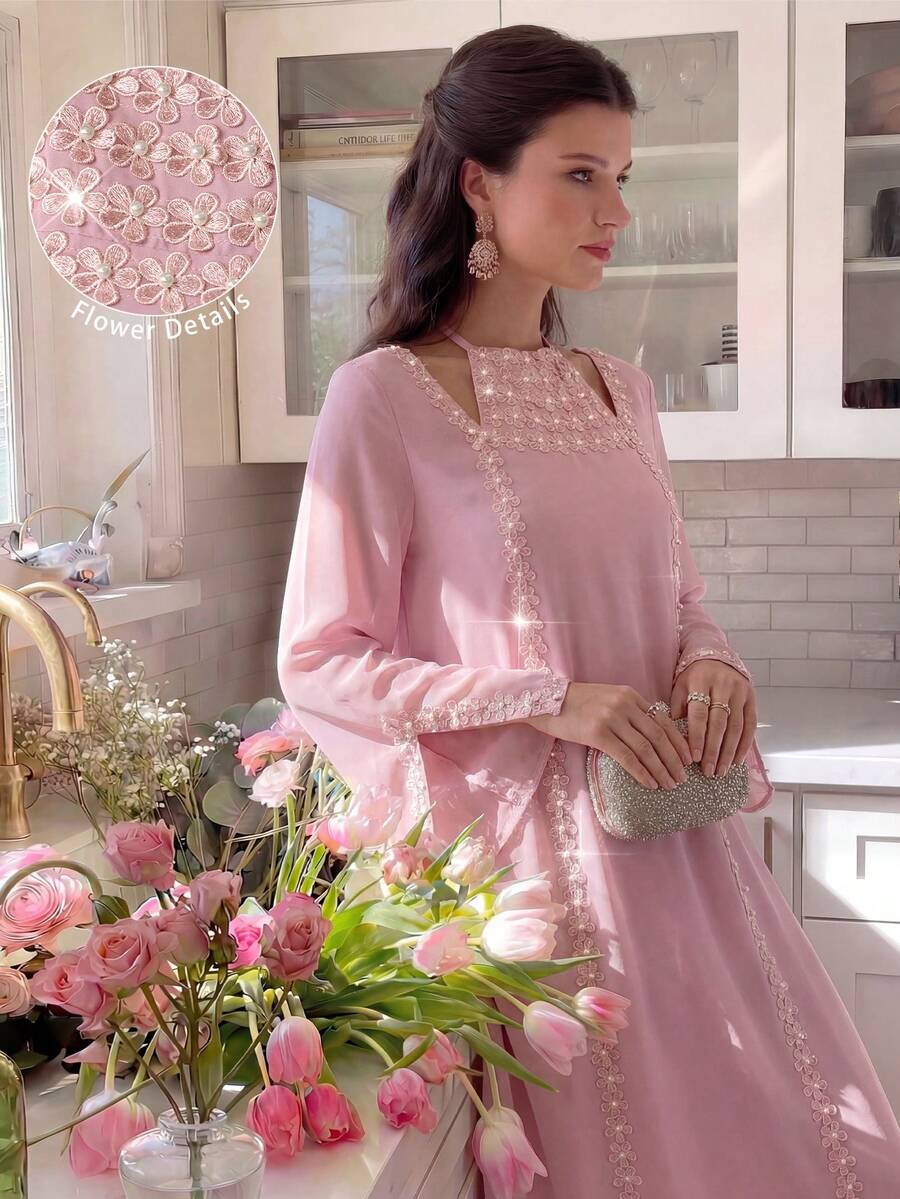 Yasmyna 优雅花卉蕾丝领结喇叭袖连衣裙，春夏款