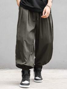 Manfinity EMRG Men's Casual Solid Color Drawstring Pants - Dark Grey - View 3