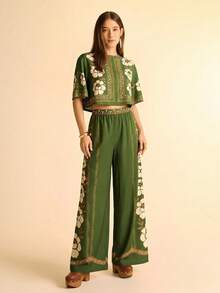 CAJUNI Bộ 2 món gồm áo in hoa và quần ống rộng dành cho nữ, thích hợp mặc hàng ngày. - màu xanh lá - Xem 3