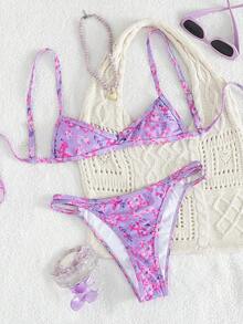 Bonvoyette 2pcs/Set Halter Tie Design Bikini Swimwear Set Purple Summer Casual Beach Vacation Holiday Tummy Control Bathing Suit Women Zebra Print Bikinis - Multicolor - View 2