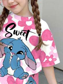 可爱卡通蓝兔露露和史迪奇图案，芭蕾舞风格，粉色渐变花卉，女童休闲紧身短裤两件套，韩版风格，返校季，轻松舒适又时尚的儿童春夏装，休闲服饰，婴幼儿印花上衣，夏季新款，春夏时尚，休闲校园运动风，户外野餐，郊游，街头风，居家，校园 - 彩色 - 查看 5