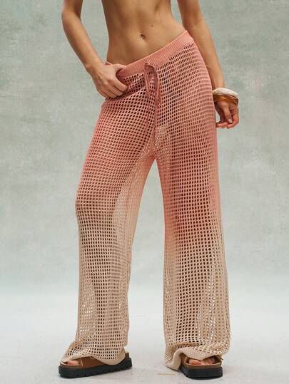 Bohemela Boho Spring/Summer Outfits, Vintage Women's Vacation Beach Bohemia Casual Ombre Distressed Loose Hollow Out  Knit  Pants, Vintage Low Waist Vacation Tie-Dye Asymmetrical Pattern Casual Trousers, Casual Vacation, Western Country Style Concert Party Outfits, Suitable For Beach Vacation Outfit & Daily Wear & Back To School & Going Out Outfits & Party Outfits, 2000s Outfits, Y2k Clothes, Summer Holiday Outfits