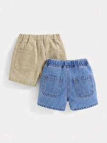 SHEIN 2pcs/Set Baby Boys' Spring & Summer Boho Casual Letter Patched Pocket Elastic Waist Soft Denim Jeans Shorts In Multiple Colors,Baby Summer Clothes Outfits - Multicolor - View 2