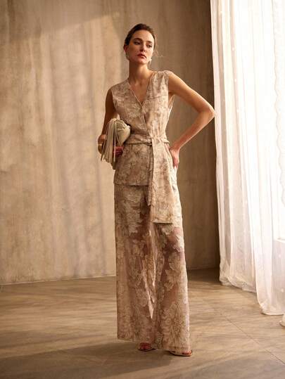 MOTF PREMIUM 女士卡其色提花收腰无袖外套