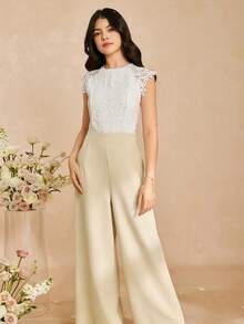Combinaison élégante avec garniture en dentelle pour filles et femmes, pantalon à taille haute et jambes larges en tissu doux et tissé, convient pour le port quotidien, les fêtes et les rassemblements - Nude - Voir 7