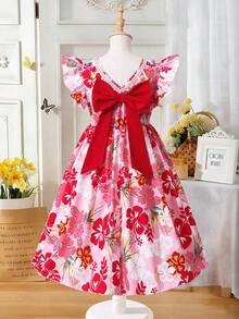 Tween Girls'pink Floral Summer Cute Party Dress,Elegant Big Ruffle Sleeve V-Neck Back Big Bow Decor Vacation Style Colorful Printed Patchwork Dress - Multicolor - View 4