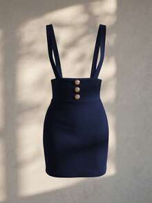 SHEIN Elenzya Taillierte Rock mit Hosenträgern und Knopfdekor, eleganter, romantischer und raffinierter Damenrock, geeignet für Arbeit, Pendeln und legere Unternehmungen - marineblau - Übersicht 3