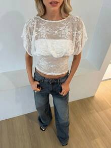 Aloruh Romantic Date Versatile White Sheer Blouse, Loose Top Tight Bottom, Spring/Summer New Arrival - White - View 8