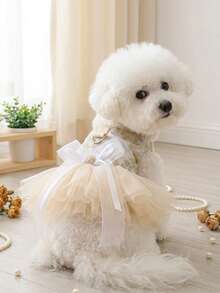 PETSIN 1pc Pet Luxury Princess Wedding Dress With Gold Flower Embroidery And Pearl Bow Decoration Dress, Spring/Summer Thin Style With Traction D-Button Cat/Dog Clothes - White - View 3