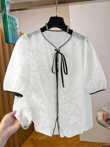 Franclia Áo sơ mi nữ dáng suông, thanh lịch, chất liệu Tencel, thêu họa tiết, xuyên thấu, cài khuy ngọc trai, kiểu dáng thường ngày. - trắng - Xem 7