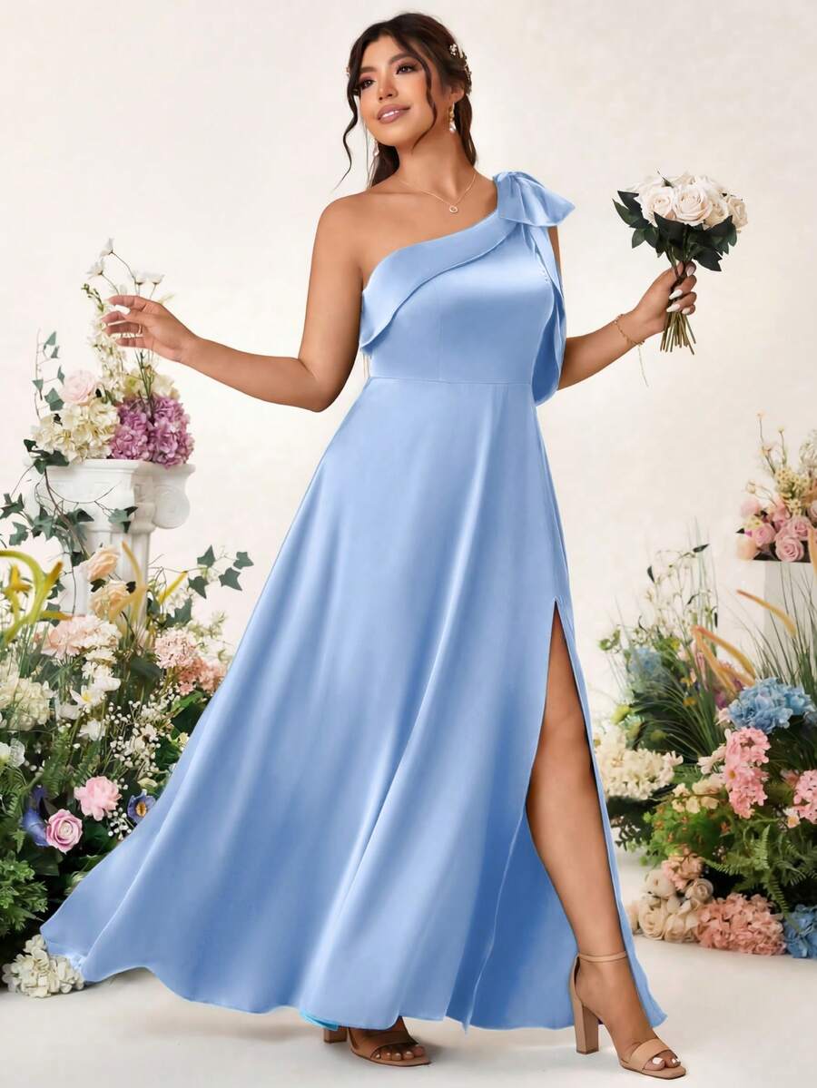 Cravure Đầm dự tiệc, đầm cưới cỡ lớn, dây mảnh, không tay, nơ, chất liệu satin màu trơn, dáng chữ A, xẻ tà, có vạt chéo. - Màu xanh nhạt - Xem 1