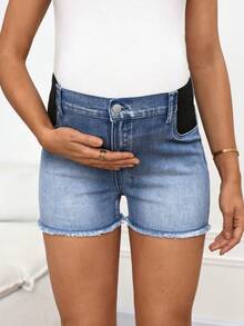 SHEIN 孕妇蓝色牛仔弹力紧身短裤 - 藍色 - 查看 4
