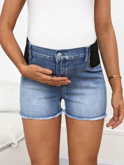 SHEIN Pantaloncini attillati in jeans blu elasticizzati da maternità