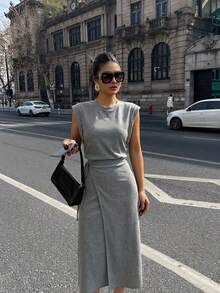 DAZY Women's Solid Color Round Neck Cap Sleeve Side Knot Casual Mid-Length Dress Sundress - Grey - View 4