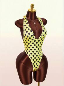 Amplova Áo liền thân nữ màu vàng đen chấm bi, cổ yếm, hở lưng, ôm sát gợi cảm, họa tiết chấm bi retro Y2K, chi tiết hở lưng dễ thương, xếp ly ở mông. - Màu vàng - Xem 5