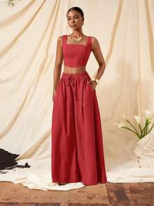 Zivah Setelan 2 Potong Wanita Musim Panas Elegan Warna Merah, Atasan Crop Bertali Motif Tulang Ikan Bertekstur dan Celana Panjang Lebar dengan Saku, Pakaian Santai Musim Semi Musim Panas untuk Berlayar - Rose Red - View 8
