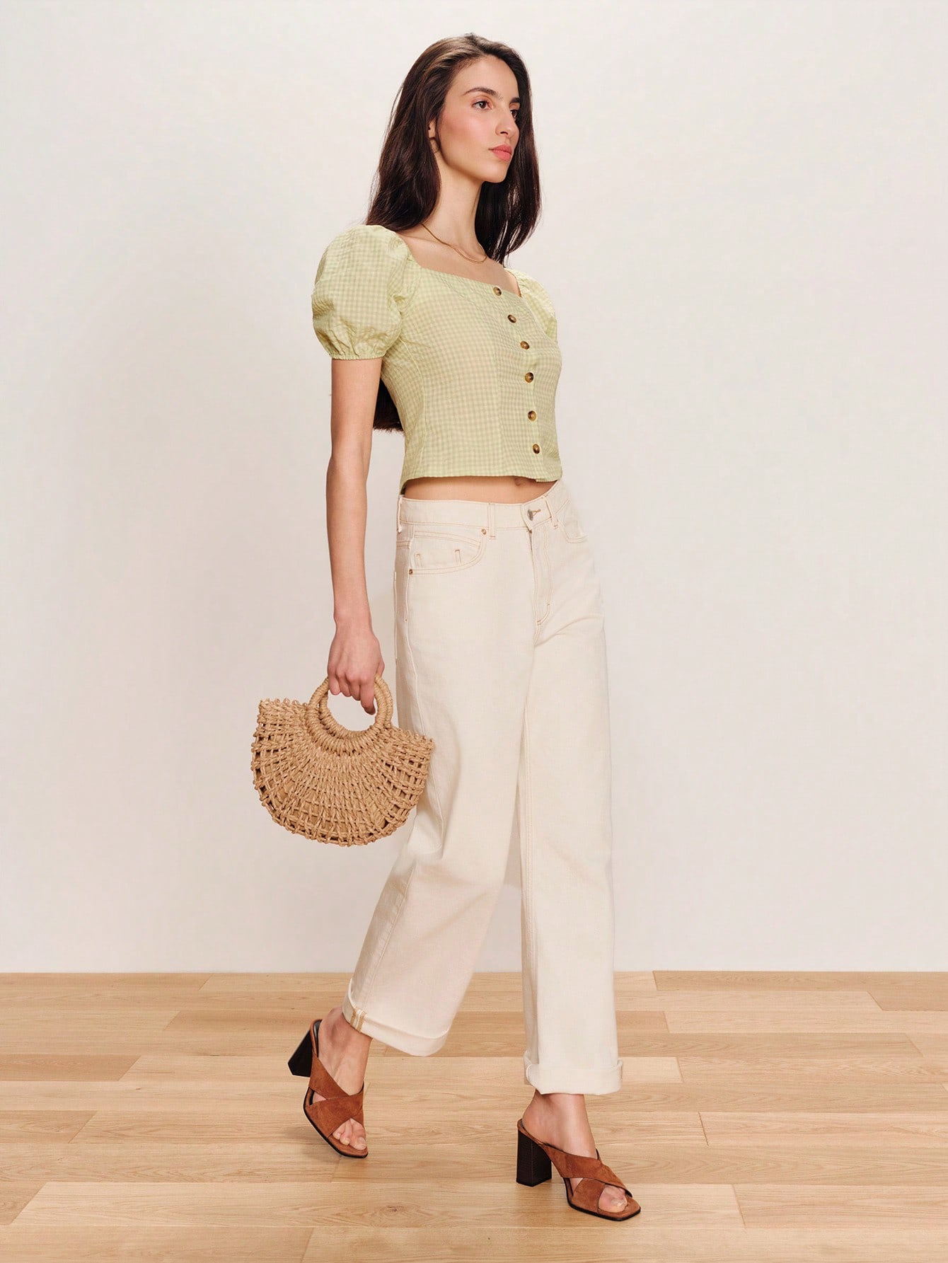 Cute Square Neck And Puff Sleeves Green Checked Blouse Romantic Elegant Top Going Out Vintage Top Cute Top Spring Summer Vacation Top Holiday Top French Style Parisian Style