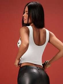 Denimoi Round Metallic Hardware Detail Scoop Back Top Sexy Tops Fashionable Tops Concert Outfits - White - View 2