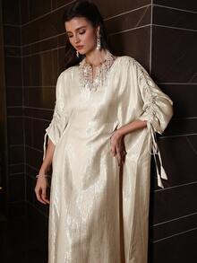 Al Najma Fashionable Elegant V-Neck Batwing Sleeve Ruched Long Dress, Spring/Summer - Champagne - View 9