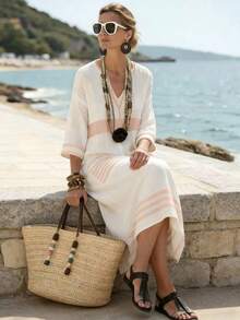 SHEIN Holidaya V领七分袖印花宽松休闲长裙，适合春、夏、秋、冬、新年、万圣节等各种场合，宽松舒适，日常穿着优雅得体，也适合派对、海滩、浪漫约会、时尚休闲通勤等场合。 - 淺粉色 - 查看 6