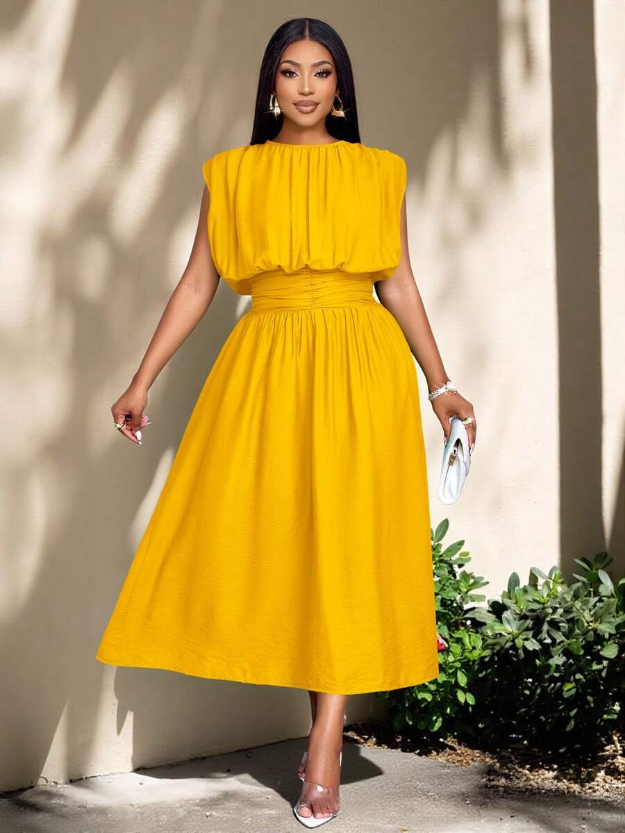 SOLERSUN Women's Plus Size Solid Color Spring/Summer Elegant Casual Simple Daily Wear Ruched Sleeveless Midi Dress,Quiet Luxury Vacation - Yellow - View 1
