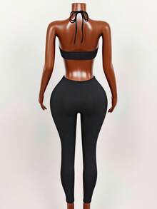 Slaydiva Women's Backless Halter Neck Fitted Denim Jumpsuit - Black - View 2
