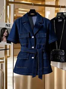 EMERY ROSE Plus Size Women's Spring/Summer Solid Color Washed Denim Jacket - Dark Wash - View 6
