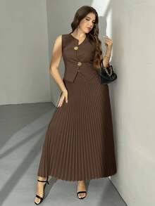 Firerie Plus Size Summer Elegant Commuter Solid Color Vest & Pleated Skirt 2 Pieces Set - Brown - View 4
