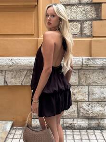 Theaadoraa Women's Casual Solid Color Ruffled Hem Halter Neck Dress, Summer,Elegant Dresses For Women,Party Dresses For Women - Coffee - View 4