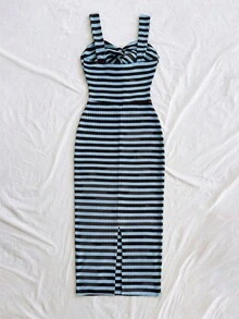 Soleia Vestido midi casual de mujer con rayas y detalle de torsión para vacaciones - lago azul - Ver 2