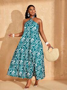 Lunelith SHEIN Lunessa 扎染图案数码印花长领连衣裙 - 青碧色 - 查看 4