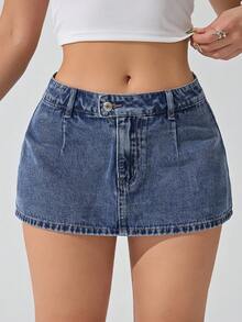 SHEIN ICON Plus Size Women Deep Blue Washed Denim Mini Skirt - Dark Wash - View 5