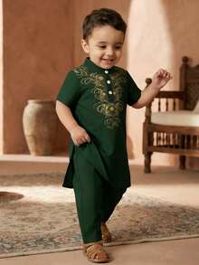 2件/套 嬰幼兒男童深綠色夏季長袍與長褲套裝 Al-Adha 伊斯蘭服飾 Kaftan 沙烏地阿拉伯風格 婚禮賓客裝 0-3T - 綠色 - 查看 5