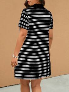 SHEIN CURVE+ 大码女式夏季条纹Polo领短袖休闲连衣裙 - 黑與白 - 查看 3