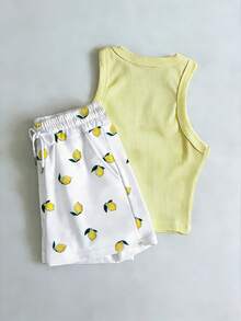 Resyla 女士背心、无袖马甲、宽松短裤、修身弹力衫、柠檬刺绣、柠檬印花 - 夏季畅销款 - 彩色 - 查看 2