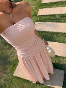 Muchica Ny krämgul texturerad stickad klänning för kvinnor, sommar - Rosa - Visa 6