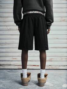 Modcrash Men's Summer Casual Colorblock Waistband Letter Embroidery Drawstring Waist Shorts , Retro American, Unisex, Relaxed Fit Summer Outfits – Suitable For Everyday Wear And Summer Holiday Outfits. - Black - View 3