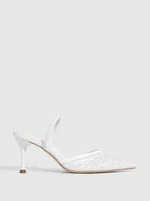 CUCCOO SZL 女士尖头细高跟鞋，饰以珍珠串珠、亮片和网纱元素，优雅时尚的露跟穆勒鞋，适合婚礼、下午茶、派对、情人节、伴娘、新娘等场合。 - 白色 - 查看 3
