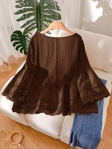CosyJoli Plus Size Women Apricot Hollow Floral Lace Patchwork Casual Vacation Shirt - Brown - View 2