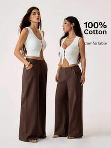 SHEIN PETITE 100% 水洗棉低腰直筒裤 - 咖啡棕 - 查看 7